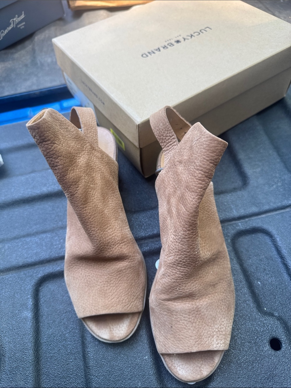 Lucky Brand Taupe Leather Open-Toe Slingback Mules
